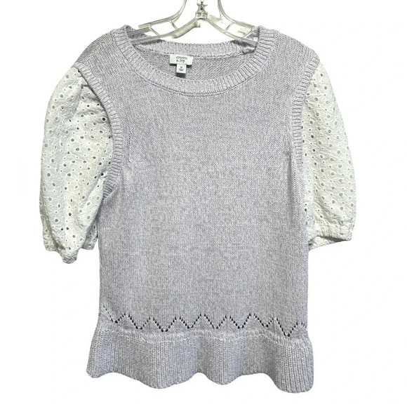Stylish 2fer blouse & vest look with eyelet puff sleeves lavender Soft cotton M - Picture 1 of 10